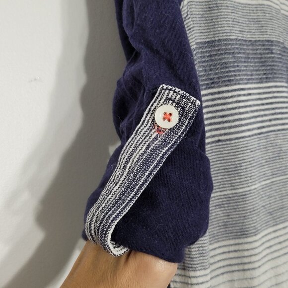 9-H15 StCL Anthropology Navy Blue Striped Shirt Roll Tab Sleeves Pockets XS - Picture 10 of 13